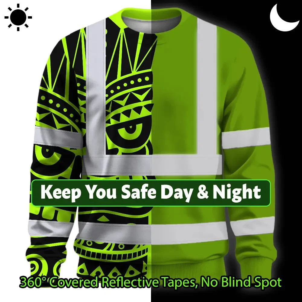 Hi Vis Long Sleeve Shirt Reflective Tapes TiKi Hawaiian Polynesian Tribal Custom Name