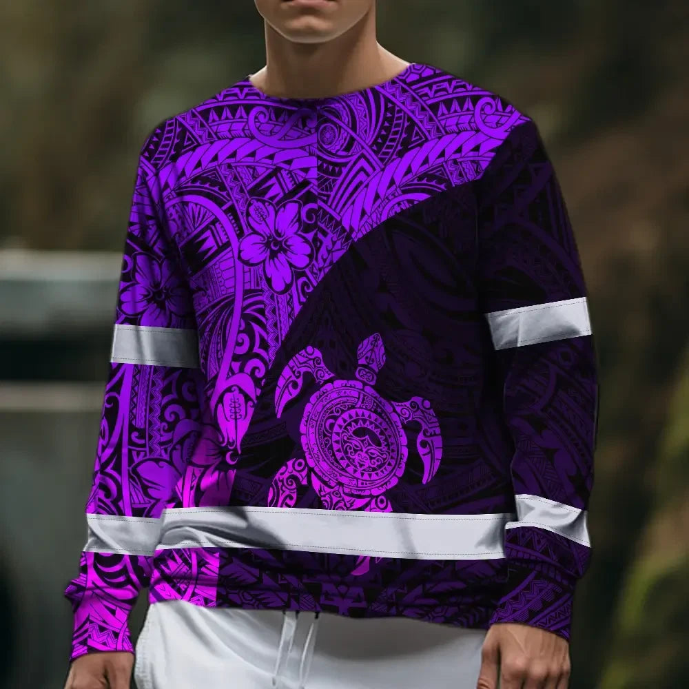 Hi Vis Long Sleeve Shirt Reflective Tapes Violet Neon Turtle Hawaiian Polynesian Tribal