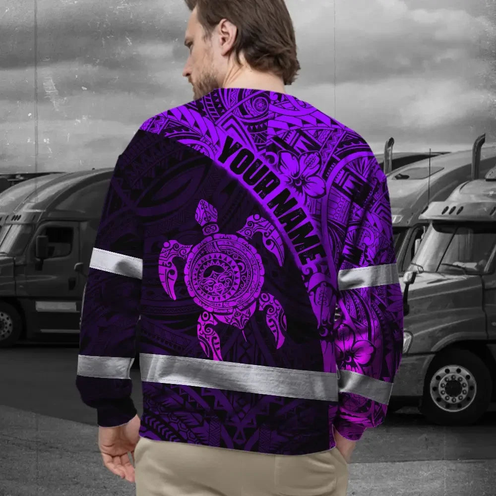 Hi Vis Long Sleeve Shirt Reflective Tapes Violet Neon Turtle Hawaiian Polynesian Tribal