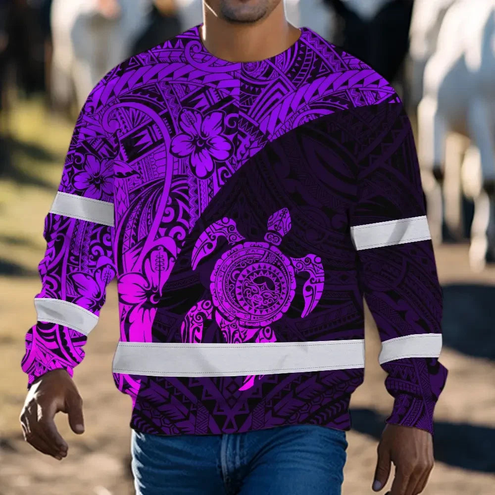 Hi Vis Long Sleeve Shirt Reflective Tapes Violet Neon Turtle Hawaiian Polynesian Tribal
