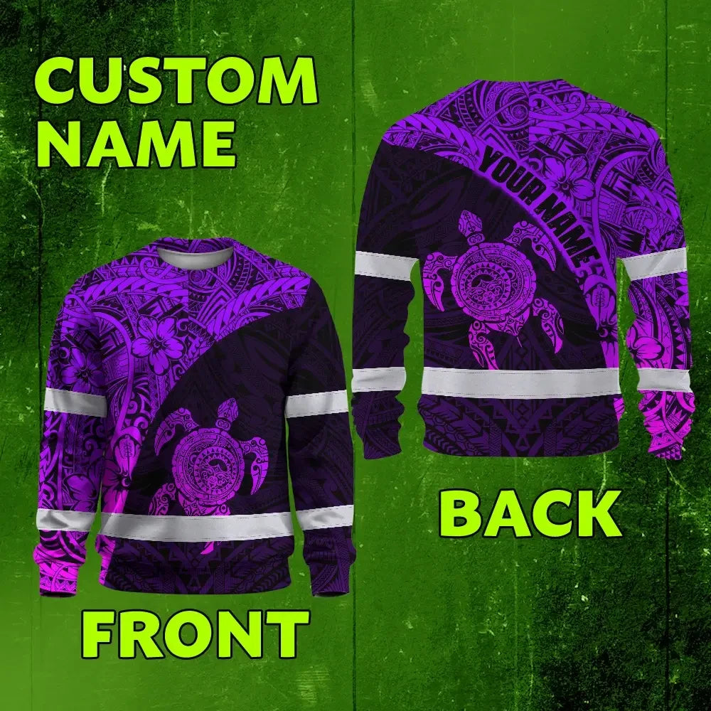 Hi Vis Long Sleeve Shirt Reflective Tapes Violet Neon Turtle Hawaiian Polynesian Tribal