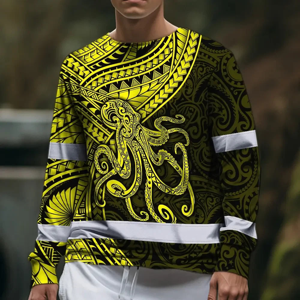 Hi Vis Long Sleeve Shirt Reflective Tapes Yellow Neon Hawaii Octopus Custom