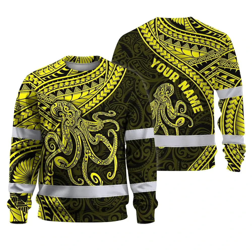 Hi Vis Long Sleeve Shirt Reflective Tapes Yellow Neon Hawaii Octopus Custom