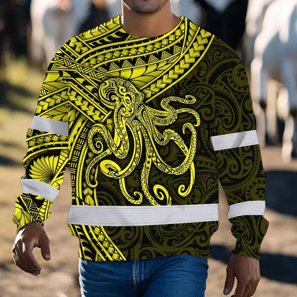 Hi Vis Long Sleeve Shirt Reflective Tapes Yellow Neon Hawaii Octopus Custom