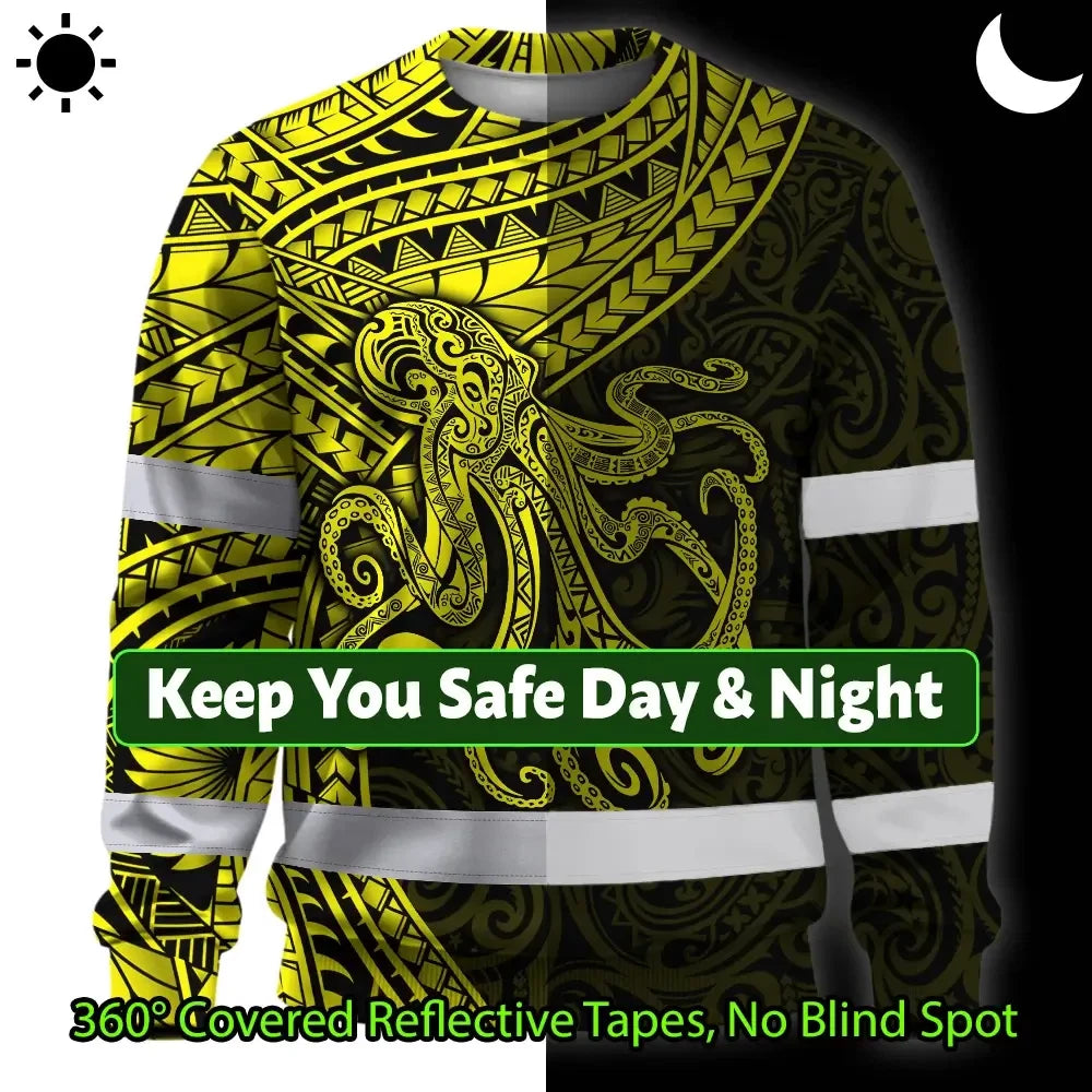 Hi Vis Long Sleeve Shirt Reflective Tapes Yellow Neon Hawaii Octopus Custom