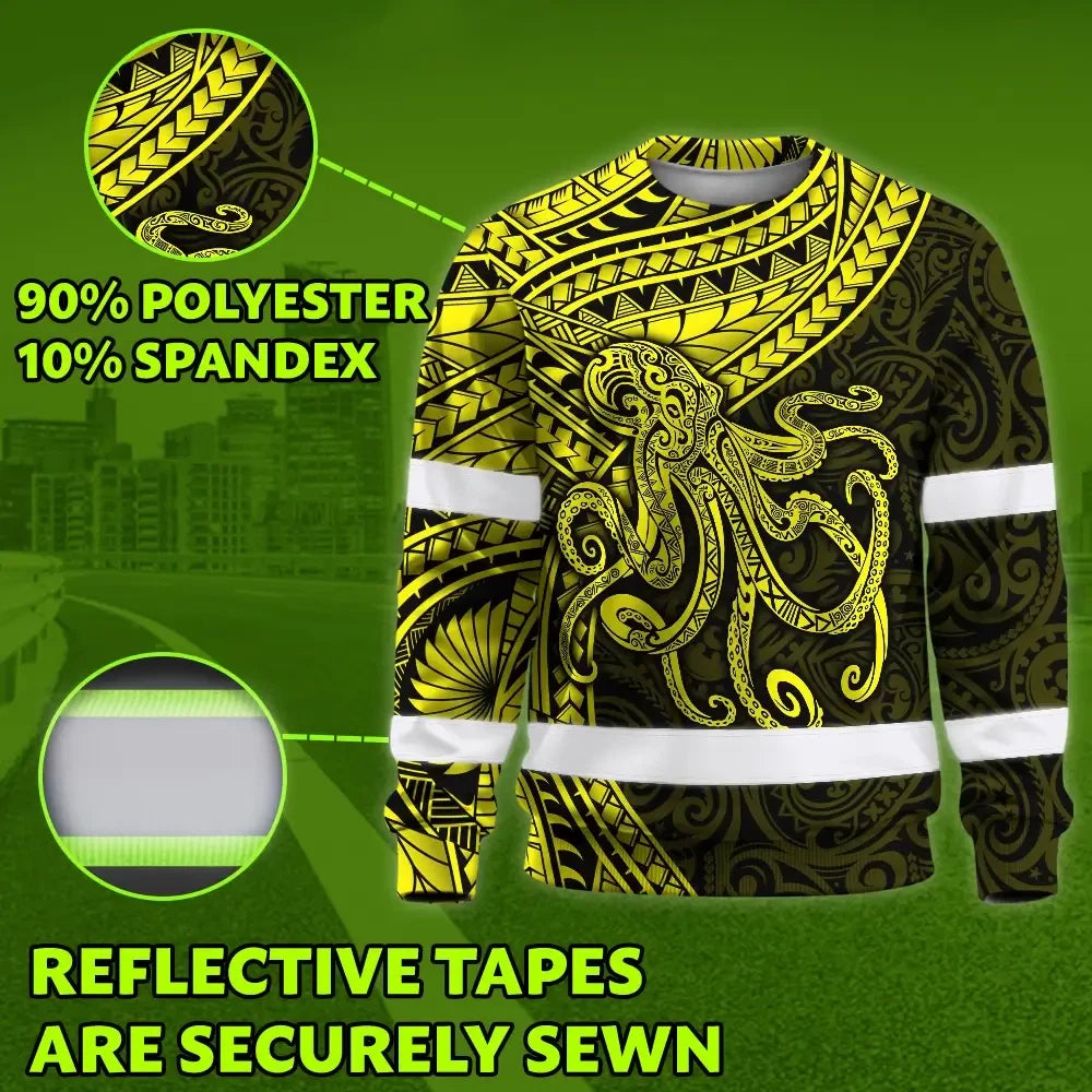 Hi Vis Long Sleeve Shirt Reflective Tapes Yellow Neon Hawaii Octopus Custom