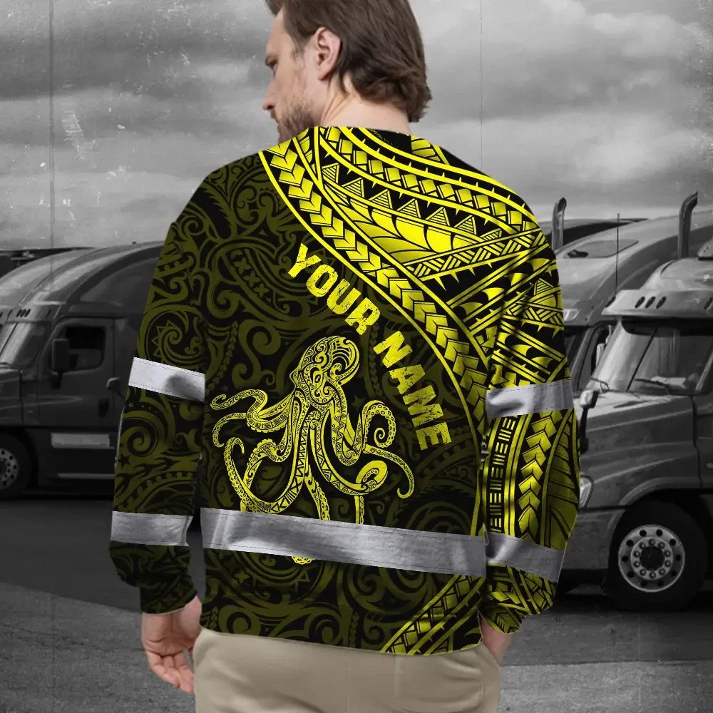 Hi Vis Long Sleeve Shirt Reflective Tapes Yellow Neon Hawaii Octopus Custom