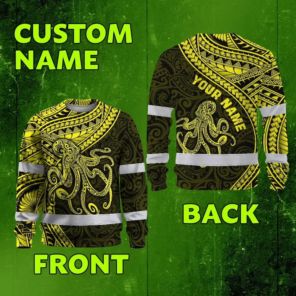 Hi Vis Long Sleeve Shirt Reflective Tapes Yellow Neon Hawaii Octopus Custom