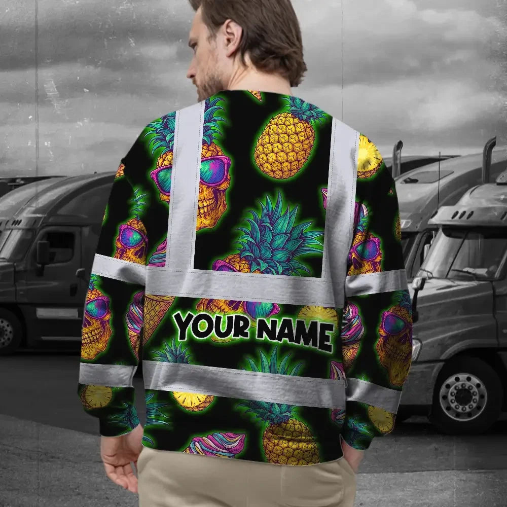 Hi Vis Long Sleeve Shirt Reflective Tapes Yellow Neon Skull Custom Name Safety Workwear For Workers, Truckers, Operators