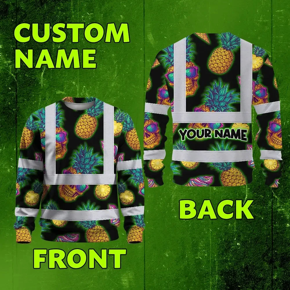 Hi Vis Long Sleeve Shirt Reflective Tapes Yellow Neon Skull Custom Name Safety Workwear For Workers, Truckers, Operators
