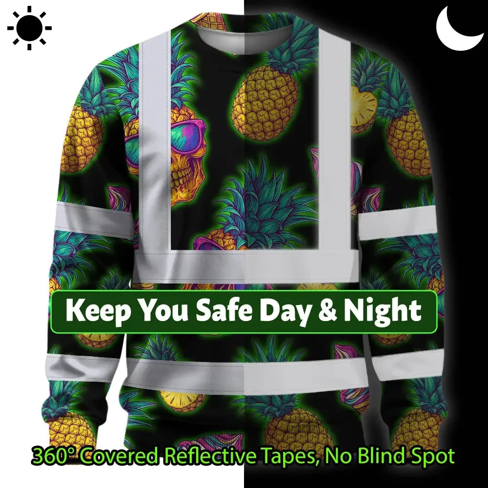 Hi Vis Long Sleeve Shirt Reflective Tapes Yellow Neon Skull Custom Name Safety Workwear For Workers, Truckers, Operators