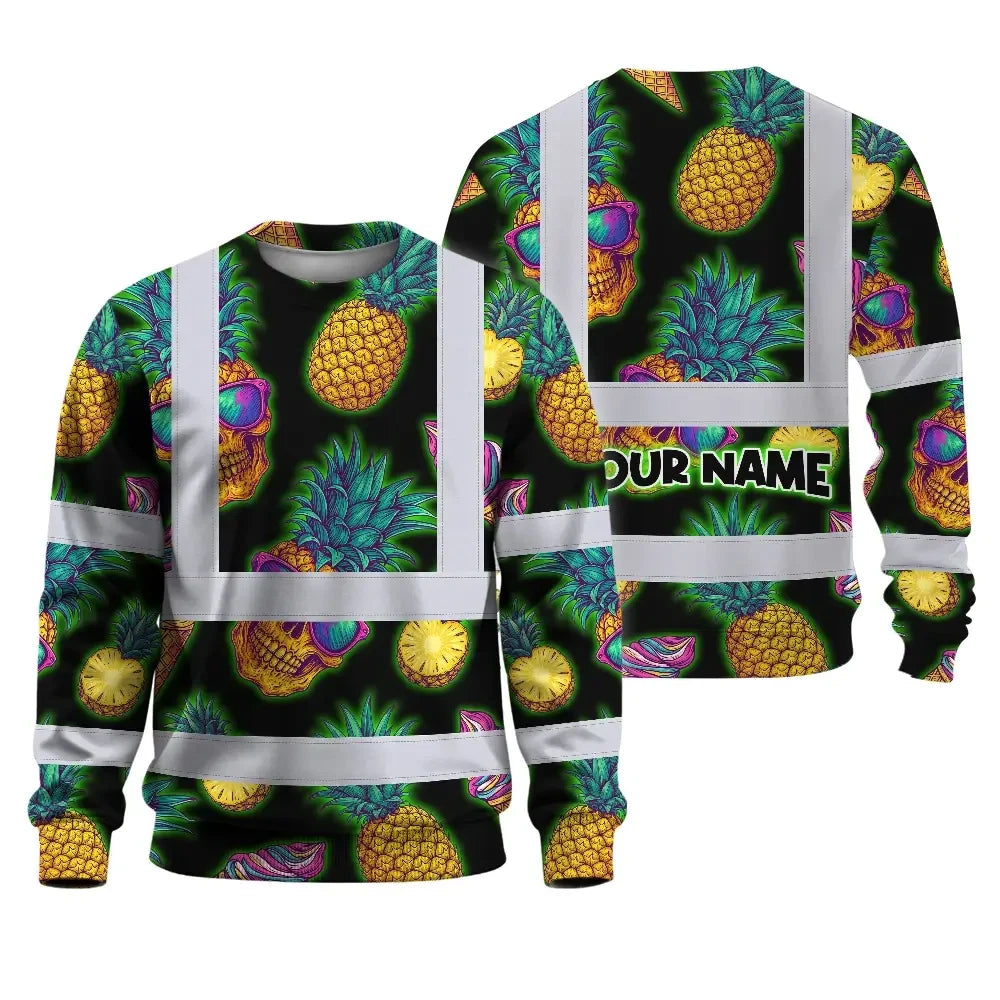 Hi Vis Long Sleeve Shirt Reflective Tapes Yellow Neon Skull Custom Name Safety Workwear For Workers, Truckers, Operators