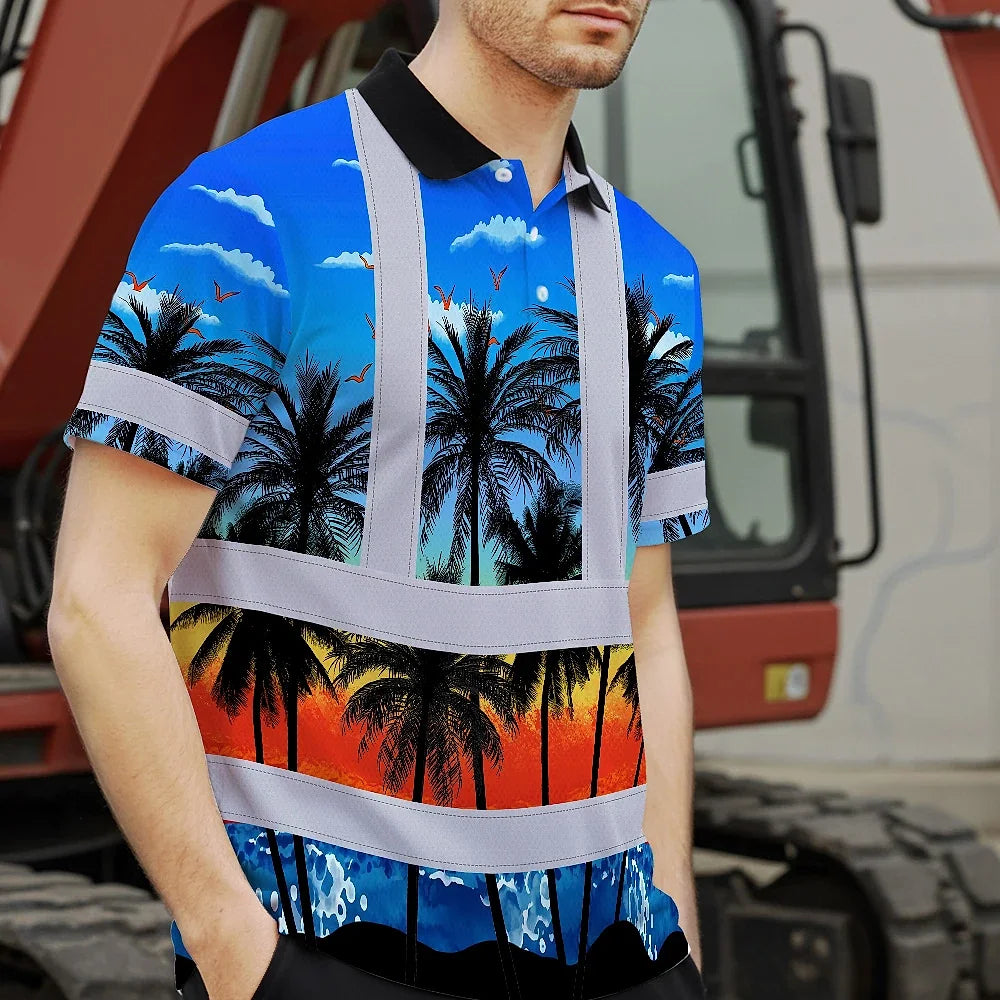 Hi Vis Polo Shirt Reflective Tapes Blue Coconut Tree Custom Name Safety Workwear For Workers, Truckers, Operators