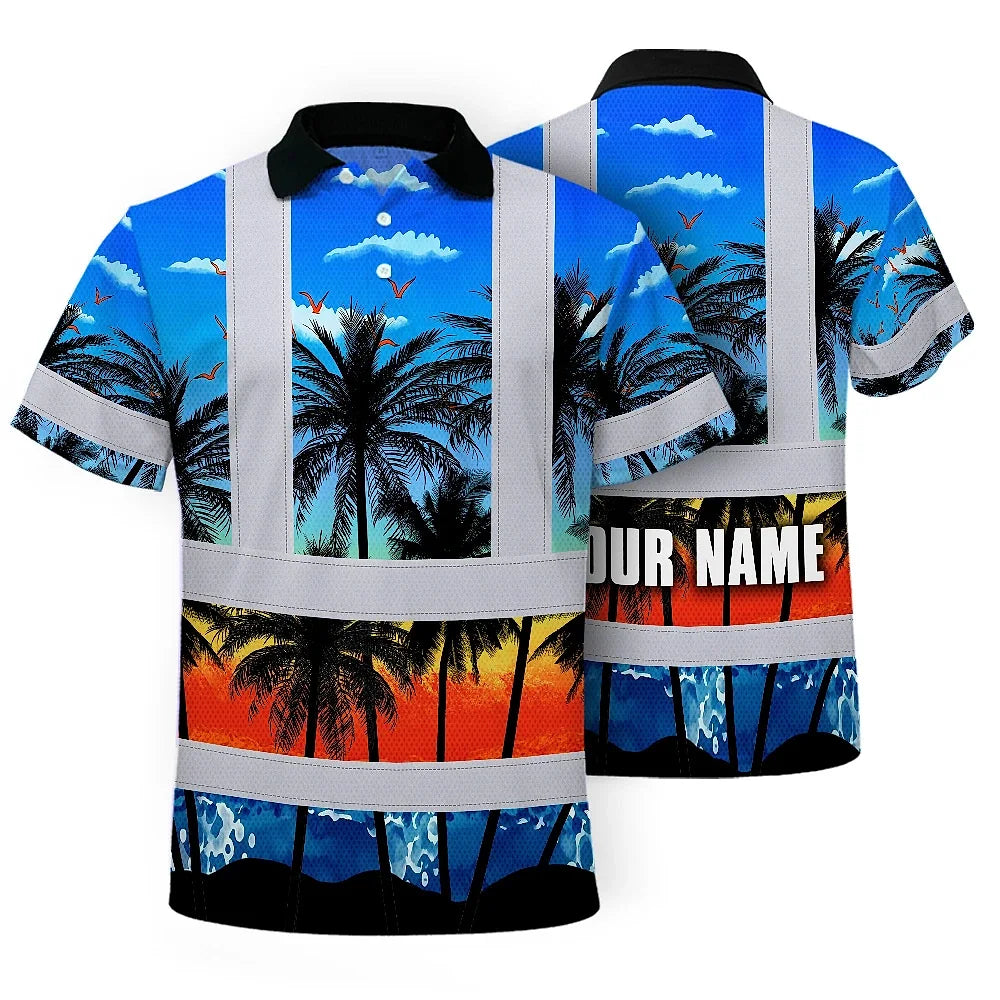 Hi Vis Polo Shirt Reflective Tapes Blue Coconut Tree Custom Name Safety Workwear For Workers, Truckers, Operators
