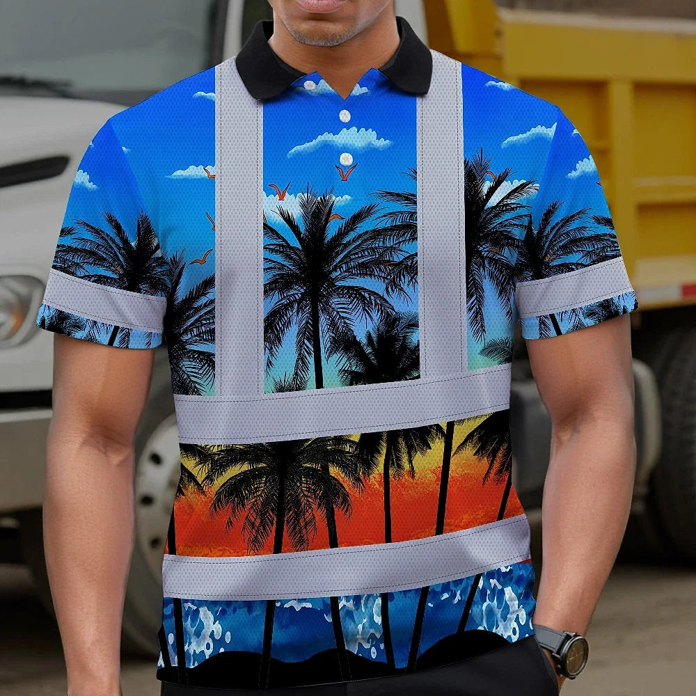 Hi Vis Polo Shirt Reflective Tapes Blue Coconut Tree Custom Name Safety Workwear For Workers, Truckers, Operators