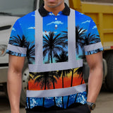Hi Vis Polo Shirt Reflective Tapes Blue Coconut Tree Custom Name Safety Workwear For Workers, Truckers, Operators