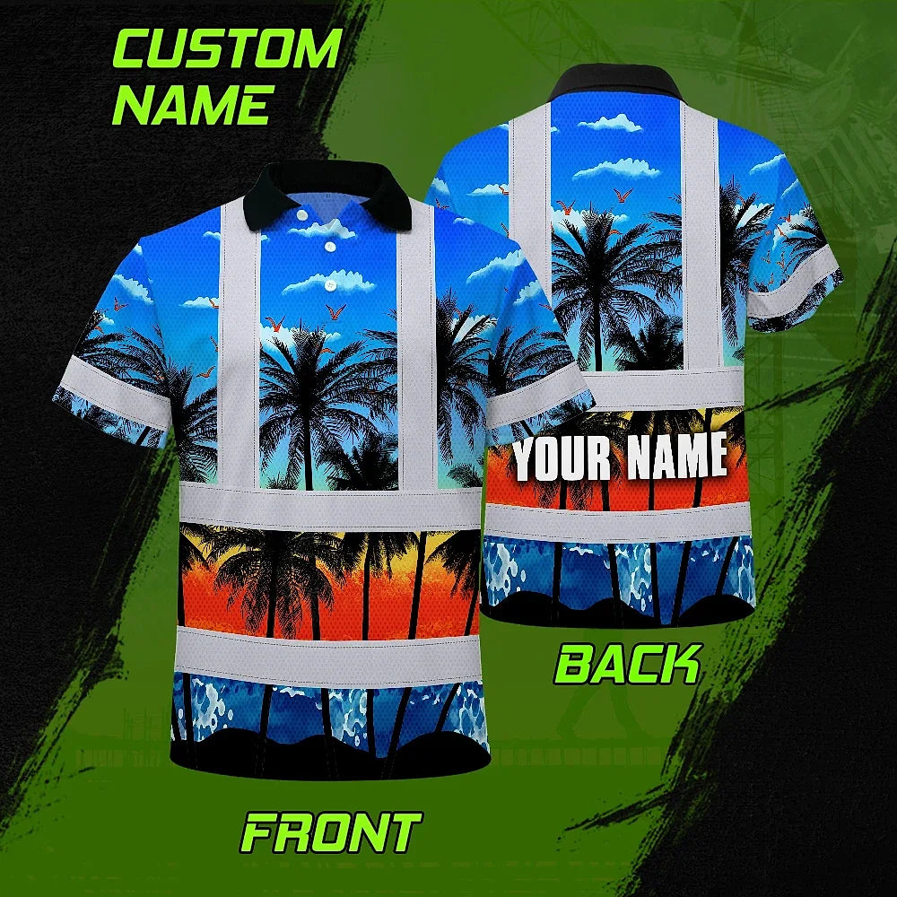 Hi Vis Polo Shirt Reflective Tapes Blue Coconut Tree Custom Name Safety Workwear For Workers, Truckers, Operators