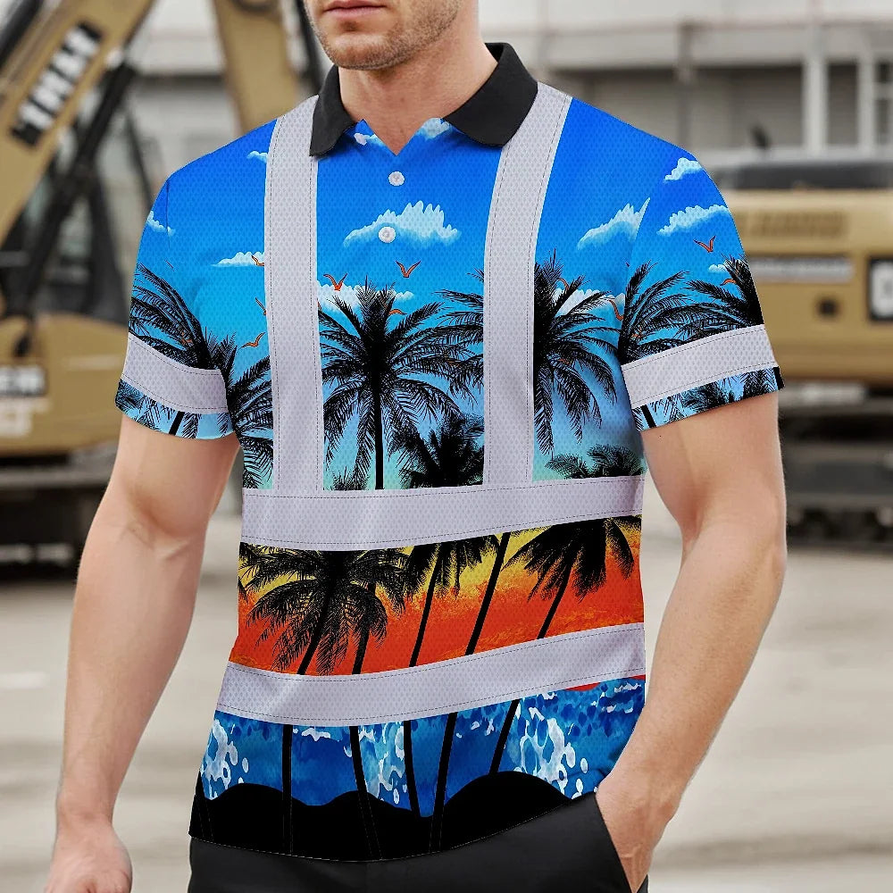 Hi Vis Polo Shirt Reflective Tapes Blue Coconut Tree Custom Name Safety Workwear For Workers, Truckers, Operators