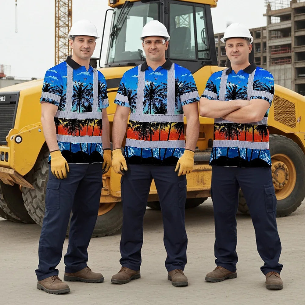 Hi Vis Polo Shirt Reflective Tapes Blue Coconut Tree Custom Name Safety Workwear For Workers, Truckers, Operators