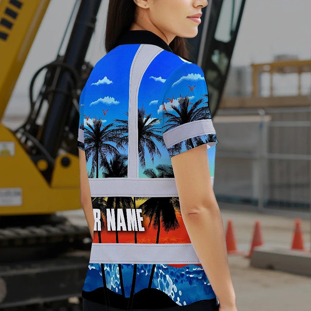 Hi Vis Polo Shirt Reflective Tapes Blue Coconut Tree Custom Name Safety Workwear For Workers, Truckers, Operators