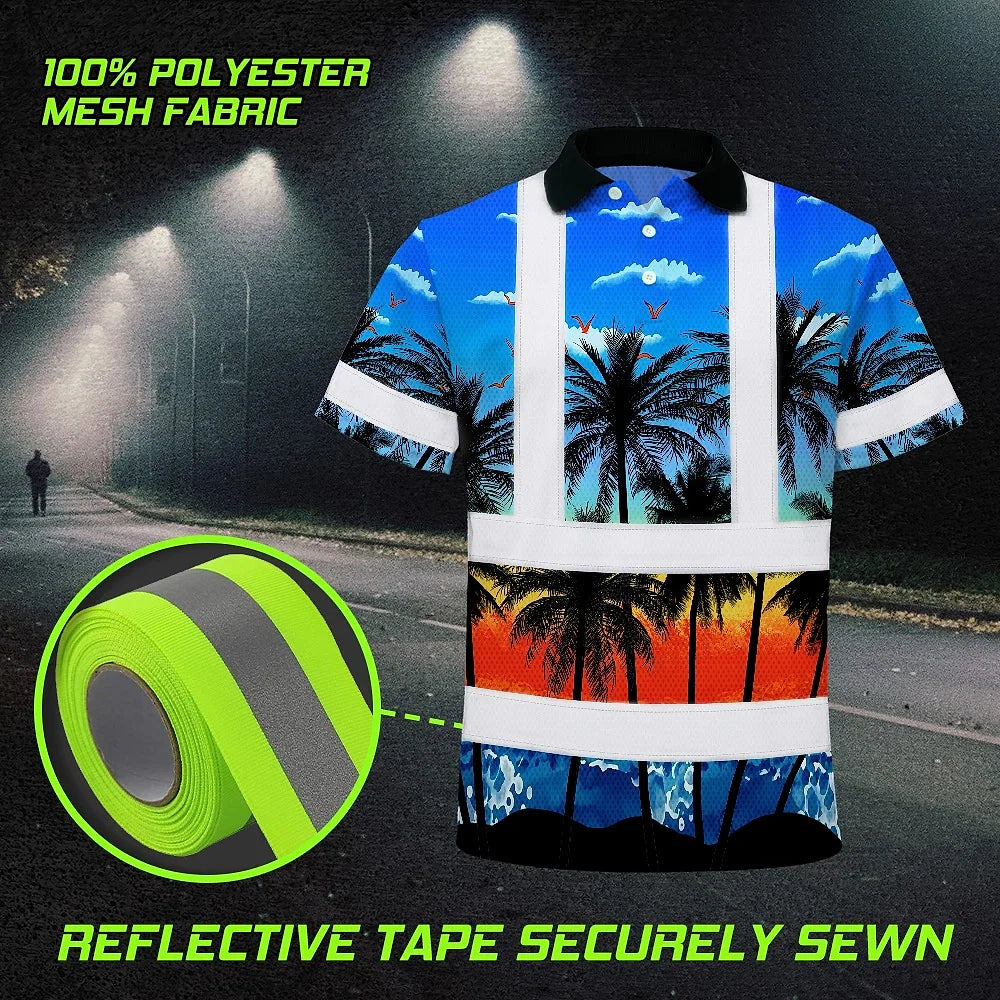 Hi Vis Polo Shirt Reflective Tapes Blue Coconut Tree Custom Name Safety Workwear For Workers, Truckers, Operators