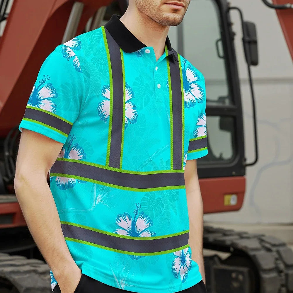 Hi Vis Polo Shirt Reflective Tapes Blue Neon Custom Name Safety Workwear For Workers, Truckers, Operators