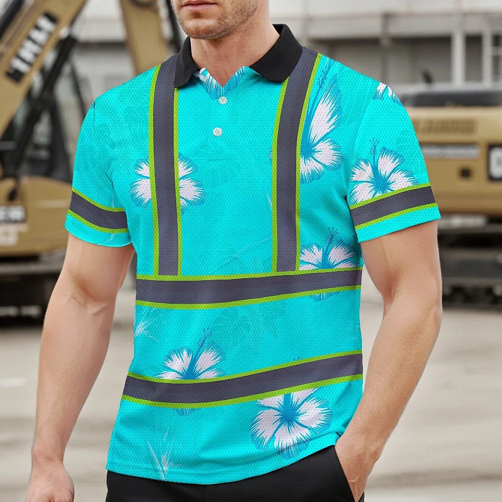 Hi Vis Polo Shirt Reflective Tapes Blue Neon Custom Name Safety Workwear For Workers, Truckers, Operators