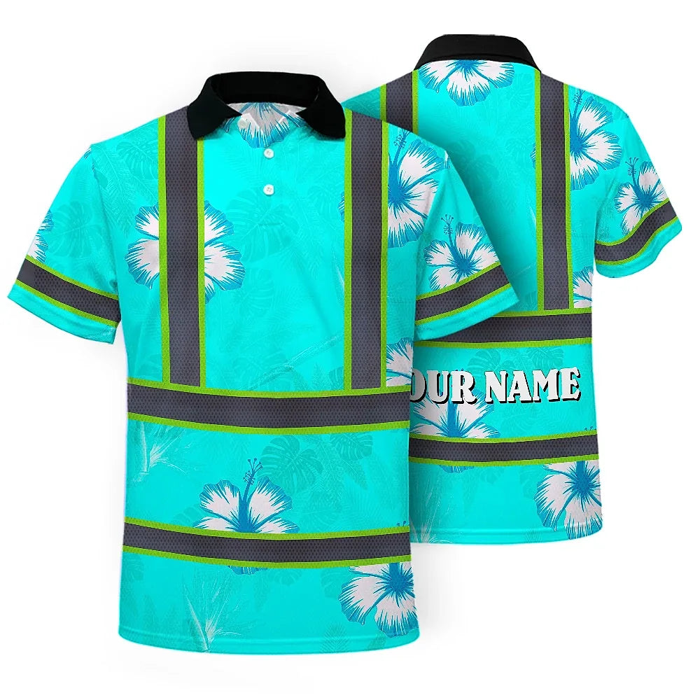 Hi Vis Polo Shirt Reflective Tapes Blue Neon Custom Name Safety Workwear For Workers, Truckers, Operators