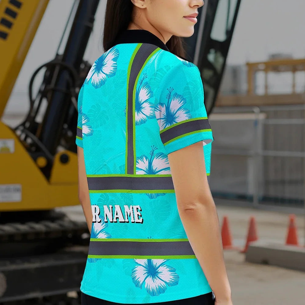 Hi Vis Polo Shirt Reflective Tapes Blue Neon Custom Name Safety Workwear For Workers, Truckers, Operators