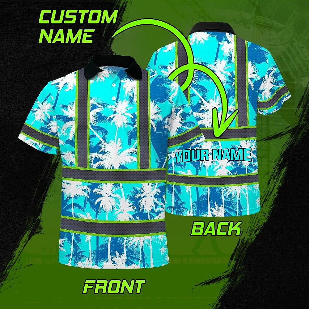 Hi Vis Polo Shirt Reflective Tapes Blue Neon Flowers Custom Name Safety Workwear For Workers, Truckers, Operators