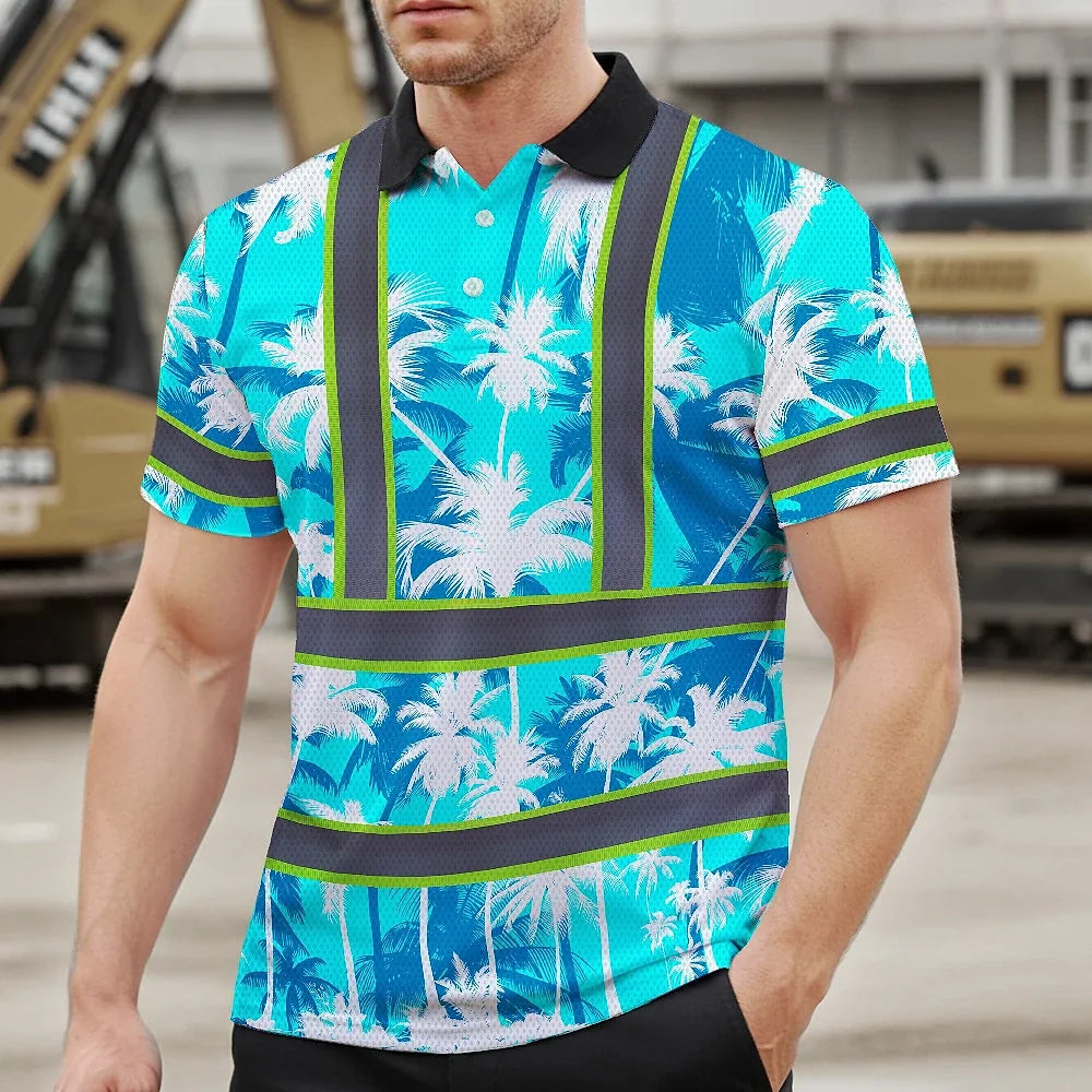 Hi Vis Polo Shirt Reflective Tapes Blue Neon Flowers Custom Name Safety Workwear For Workers, Truckers, Operators
