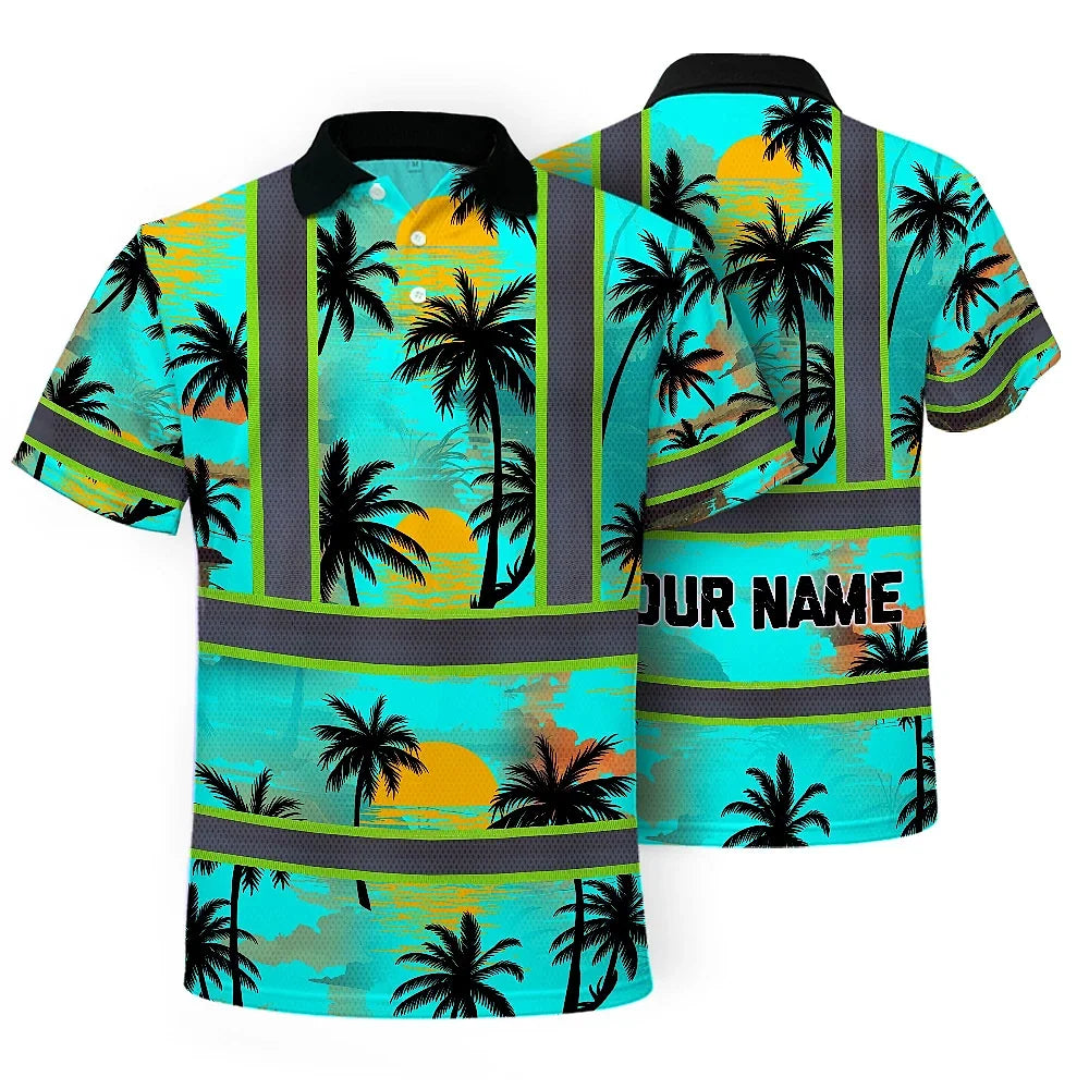 Hi Vis Polo Shirt Reflective Tapes Blue Neon Flowers Custom Name