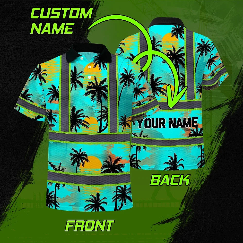 Hi Vis Polo Shirt Reflective Tapes Blue Neon Flowers Custom Name