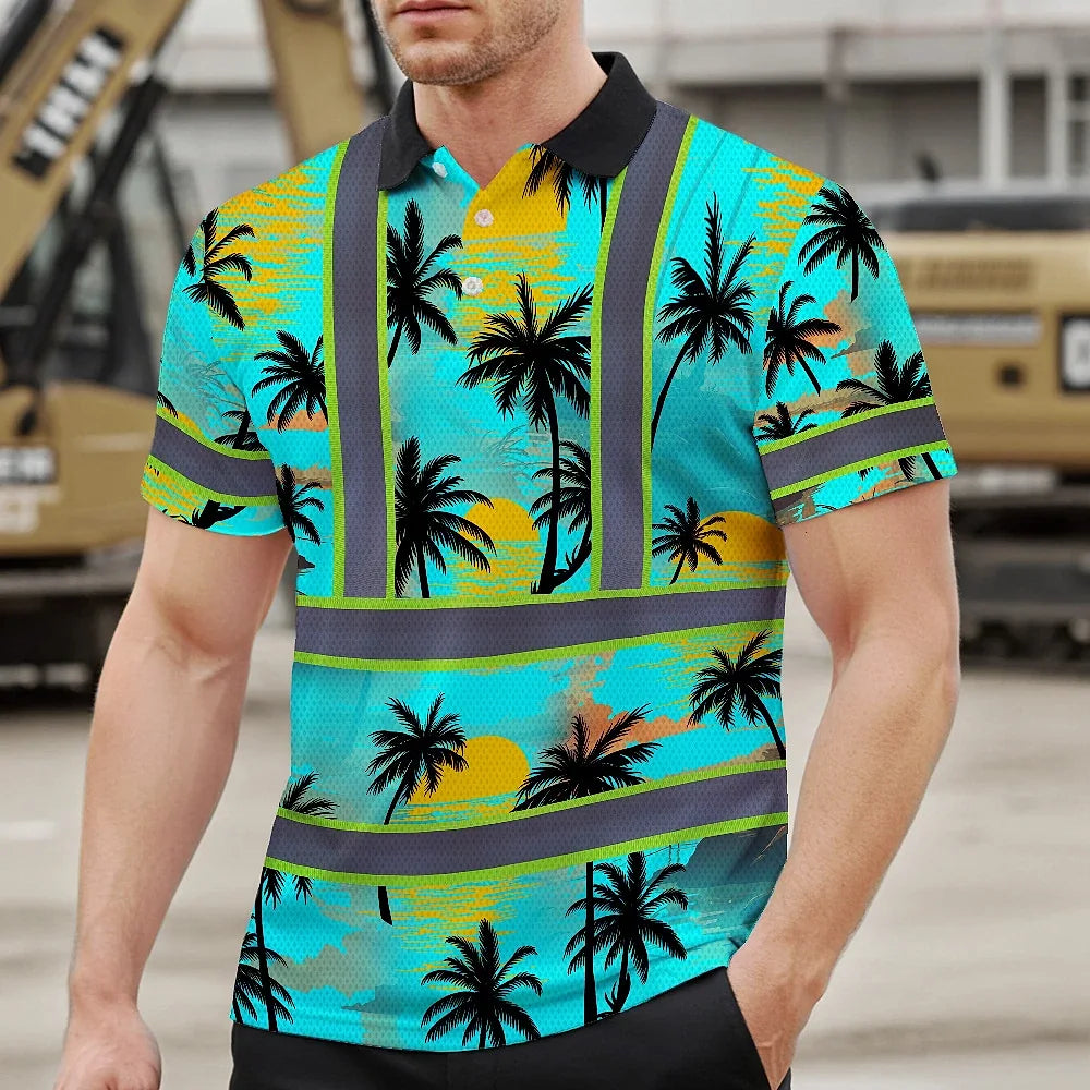 Hi Vis Polo Shirt Reflective Tapes Blue Neon Flowers Custom Name