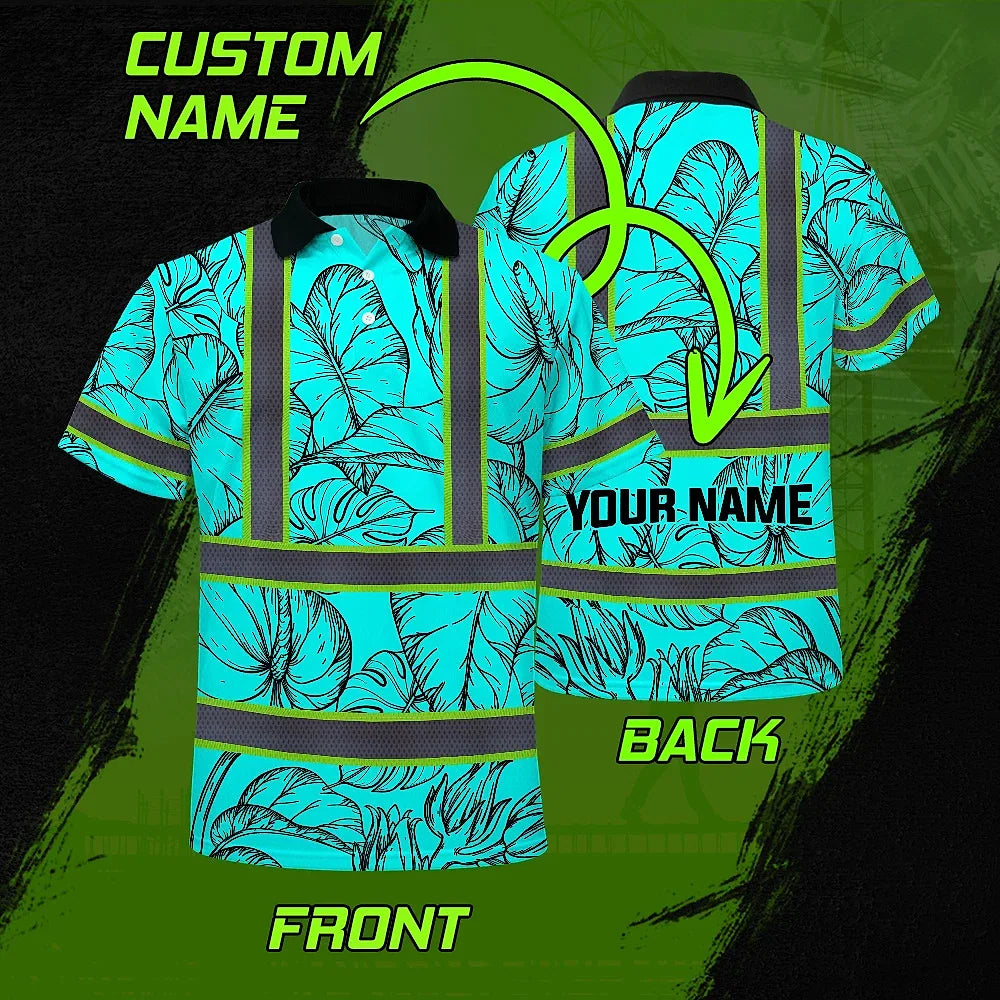 Hi Vis Polo Shirt Reflective Tapes Blue Neon Flowers Custom Name Safety Workwear For Workers, Truckers, Operators
