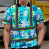 Hi Vis Polo Shirt Reflective Tapes Blue Neon Flowers Custom Name Safety Workwear For Workers, Truckers, Operators