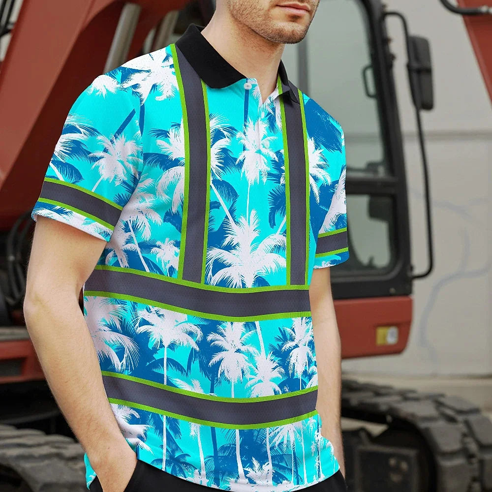 Hi Vis Polo Shirt Reflective Tapes Blue Neon Flowers Custom Name Safety Workwear For Workers, Truckers, Operators