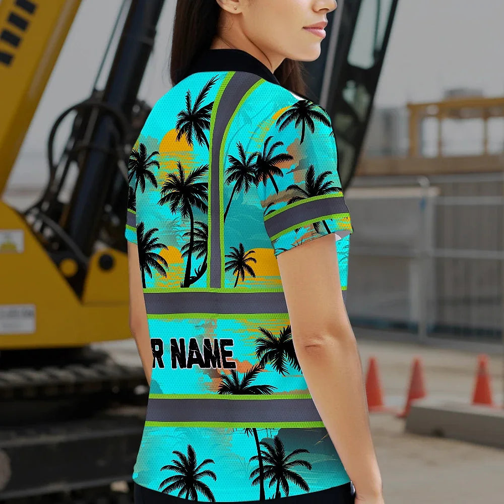 Hi Vis Polo Shirt Reflective Tapes Blue Neon Flowers Custom Name