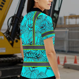 Hi Vis Polo Shirt Reflective Tapes Blue Neon Flowers Custom Name Safety Workwear For Workers, Truckers, Operators