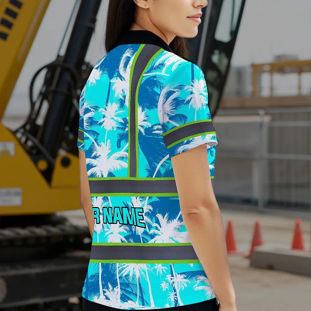 Hi Vis Polo Shirt Reflective Tapes Blue Neon Flowers Custom Name Safety Workwear For Workers, Truckers, Operators