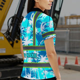 Hi Vis Polo Shirt Reflective Tapes Blue Neon Flowers Custom Name Safety Workwear For Workers, Truckers, Operators