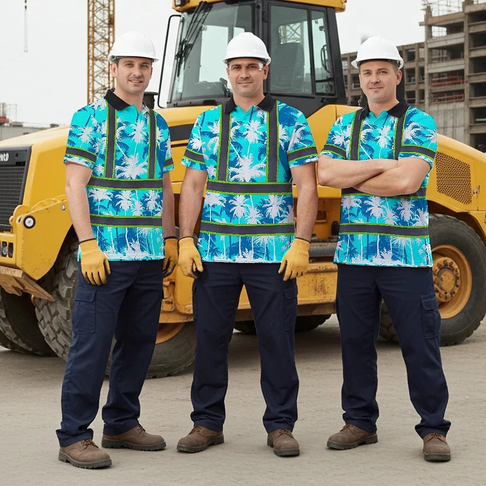 Hi Vis Polo Shirt Reflective Tapes Blue Neon Flowers Custom Name Safety Workwear For Workers, Truckers, Operators
