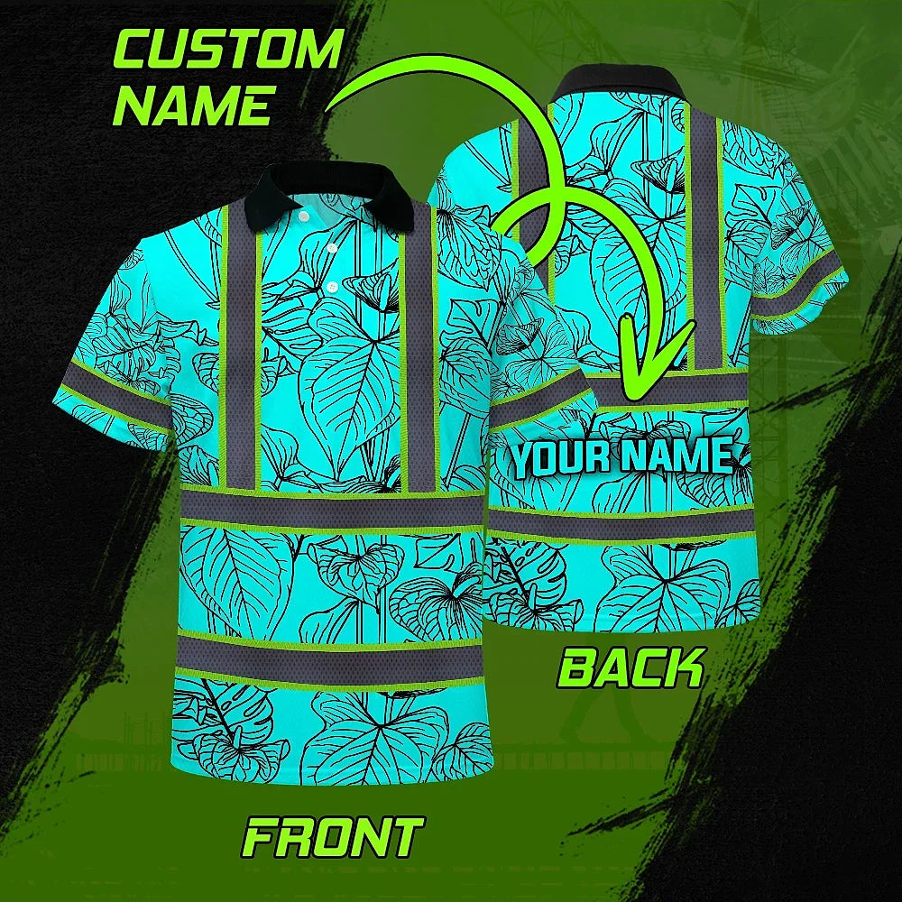 Hi Vis Polo Shirt Reflective Tapes Blue Neon Flowers Custom Name Safety Workwear For Workers, Truckers, Operators