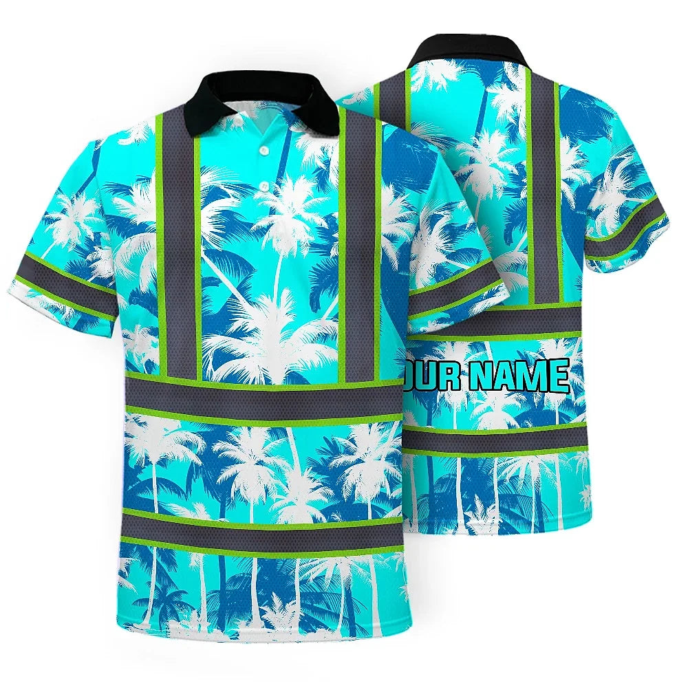 Hi Vis Polo Shirt Reflective Tapes Blue Neon Flowers Custom Name Safety Workwear For Workers, Truckers, Operators