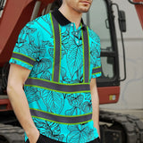 Hi Vis Polo Shirt Reflective Tapes Blue Neon Flowers Custom Name Safety Workwear For Workers, Truckers, Operators