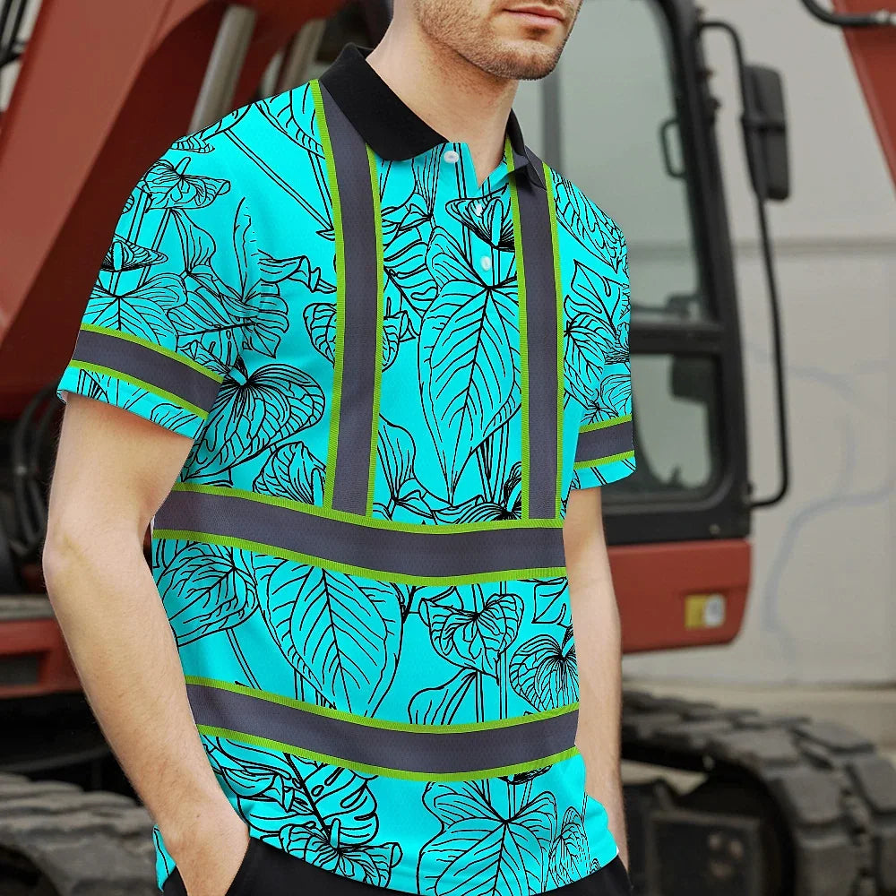 Hi Vis Polo Shirt Reflective Tapes Blue Neon Flowers Custom Name Safety Workwear For Workers, Truckers, Operators