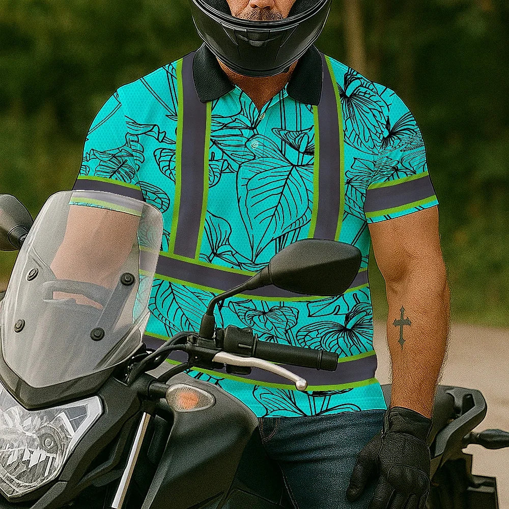 Hi Vis Polo Shirt Reflective Tapes Blue Neon Flowers Custom Name Safety Workwear For Workers, Truckers, Operators