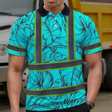 Hi Vis Polo Shirt Reflective Tapes Blue Neon Flowers Custom Name Safety Workwear For Workers, Truckers, Operators