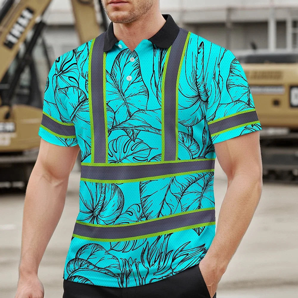 Hi Vis Polo Shirt Reflective Tapes Blue Neon Flowers Custom Name Safety Workwear For Workers, Truckers, Operators