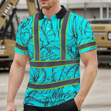 Hi Vis Polo Shirt Reflective Tapes Blue Neon Flowers Custom Name Safety Workwear For Workers, Truckers, Operators